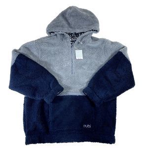 Eubi XL‎ 1/4 Zip Pullover Blue Reversible Teddy Borg Fleece Hoodie Front Pocket